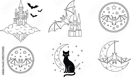 Whimsical Halloween bat, cat and castle outline illustration set, moon and stars fantasy night vector icons, cute spooky holiday line art designs