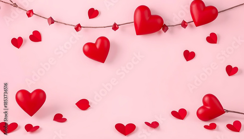 Red heart shapes arranged as a decorative garland and scattered elements on a soft pink background with copy space expressing love romance and valentine theme