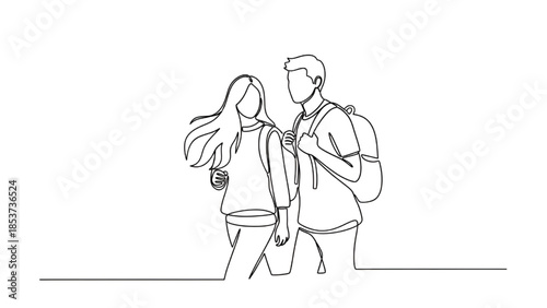 Young Couple Walking Together with Backpack and Handbag, Continuous Line Art