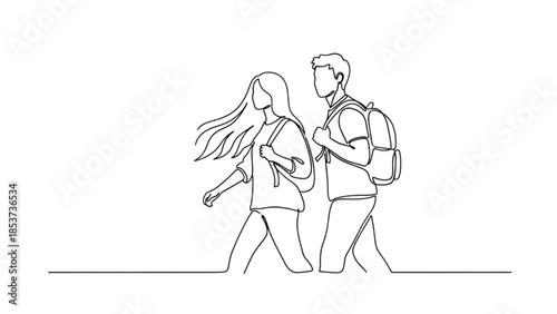 Young Couple Walking Together with Backpack on White Background