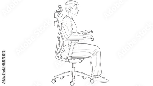 Man Sitting on Office Chair Using Laptop, Isolated on White, Line Art
