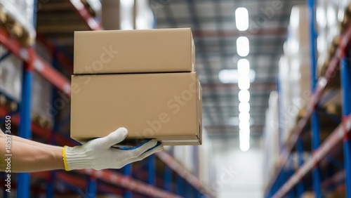 Worker carefully carrying stacked cardboard shipping boxes inside a large industrial warehouse storage facility