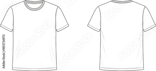 Basic crew neck t shirt, technical fashion flat sketch, short sleeve top, front and back view, apparel outline vector