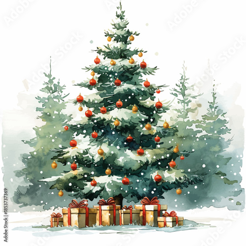 Christmas Tree Vector Illustration with Gifts and Snowy Landscape