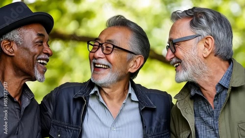 Three Happy Senior Men Enjoying Friendship and Laughter Outdoors.