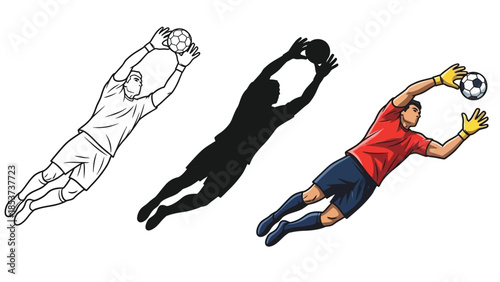 Set of three goalkeeper saves line art, silhouette and full color illustration of a soccer goalie diving to catch a ball