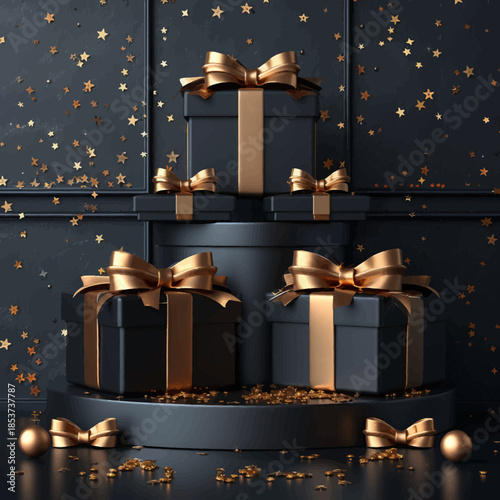 Luxury Black Gift Boxes with Gold Ribbons and Confetti Vector