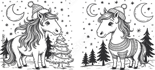 Cute Christmas pony character set, featuring cartoon horse wearing winter hat and sweater under moonlight