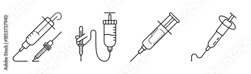 Collection of medical injection and intravenous drip line art icons for healthcare design