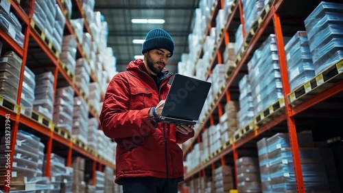 Warehouse Inventory Management - Worker with Laptop Checking Stock.