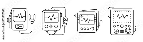 Collection of outline icons depicting medical heart monitoring devices and vital sign equipment