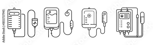 A collection of medical intravenous drip bags and electronic infusion pumps for patient care