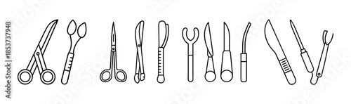 Collection of essential surgical instruments outline vector illustration for medical procedures