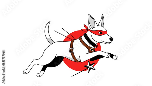 Ninja Dog Character illustration with a Red Sun and Throwing Needles