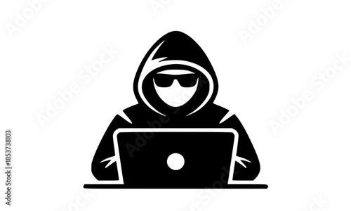Hacker silhouette in hoodie with laptop, cyber security and data privacy concept vector, anonymous man in sunglasses at computer, internet safety and computer crime illustration