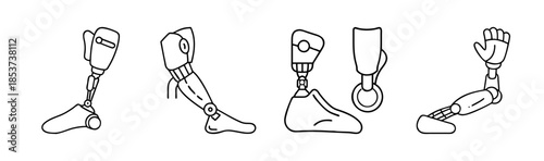 Illustration of diverse prosthetic limbs including leg and arm prostheses for mobility aid