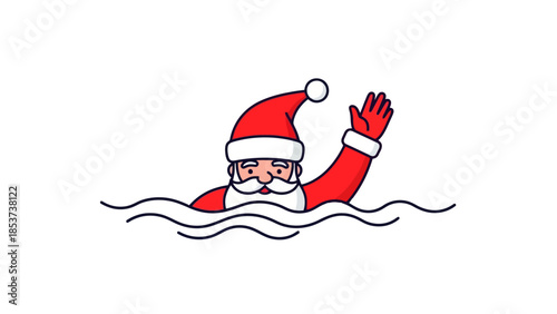 Santa Claus Taking a Dip Waving Merrily in Water, Festive Holiday Fun