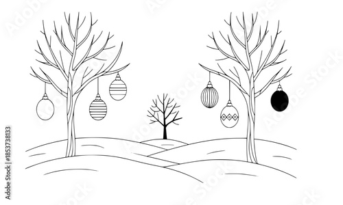 Winter landscape line art with Christmas ornaments on trees, minimalist snowy hills vector illustration, holiday baubles hanging from bare branches, festive coloring page style nature scene