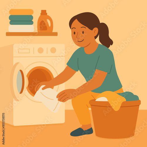 Flat illustration of a woman placing clothes into a washing machine at home. Everyday domestic activity, calm household routine, modern lifestyle scene in warm colors.
