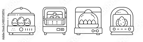 Collection of diverse line art icons illustrating modern electric egg cookers and steamers