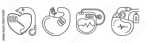 Illustrative representation of various cardiac devices, pacemakers, and heart monitoring technology