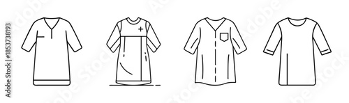 Collection of various medical gowns and scrub tops in line art style for healthcare uniform design