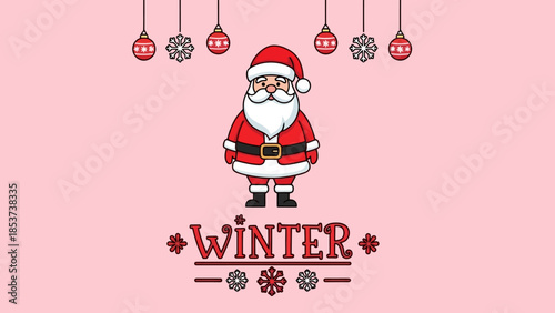 Festive Santa Claus with Winter Ornaments and Text - A Cheerful Christmas Celebration