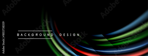 Abstract background features vibrant curved lines. Colors include red, green, blue, white over black space. Modern design element.