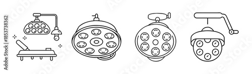 Collection of surgical lights and medical equipment line art icons for hospital design