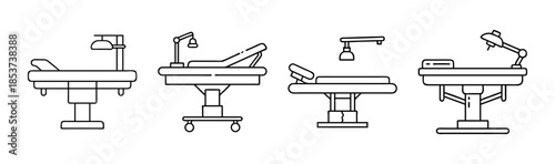 Various medical examination tables and hospital beds equipped with adjustable overhead lamps for patient care