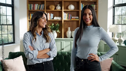 Two confident women standing and smiling in a living room with a green sofa and bookshelf