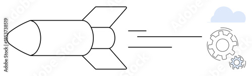 Innovation, aerospace, engineering, technology, creativity, progress. Stylized rocket illustration with motion lines, gears and a cloud. Innovation and aerospace concepts