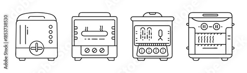 Collection of outline icons depicting various kitchen toasters and toaster ovens for cooking