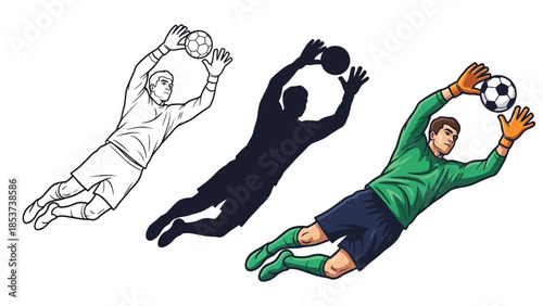 Goalkeeper making a save, diving to catch a soccer ball, set of three styles outline, silhouette and full color illustration
