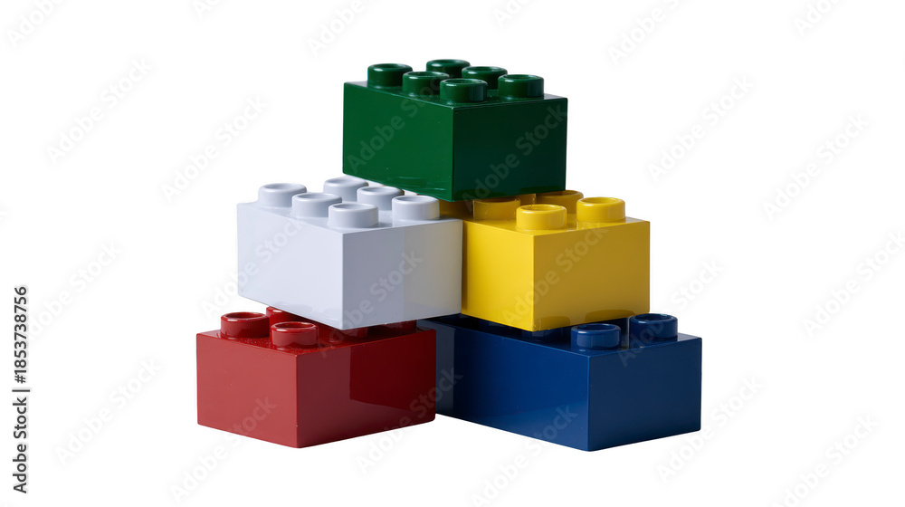 Obraz premium Colorful plastic building blocks stacked in playful arrangement featuring red white yellow green blue and black pieces evoking creativity and childhood fun