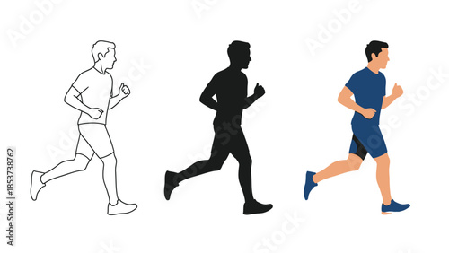 Set of three illustrations of a man running outline drawing, silhouette and full color vector graphic