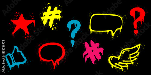 Collection of  colorful Spray painted graffiti wings, star, hashtag, speech bubble, question drip symbol. isolated on white background. vector illustration