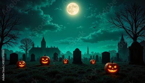 Spooky Halloween scene with glowing pumpkins in a graveyard under a full moon