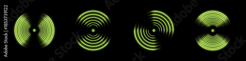 Collection of a green radar sweep, sonar pulse, or sound wave, designed on a transparent background for technology or HUD interfaces