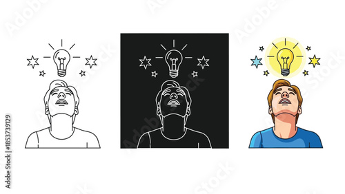 Man looking up with bright idea lightbulb above head, concept of inspiration, creativity and problem solving in different styles