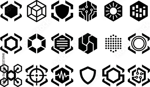 Set of Abstract Geometric and Technology Icons with Hexagonal and Modular Shapes to Represent Digital Systems, Blockchain, Cybersecurity, Data Networks, and Modern Tech Interface Concepts
