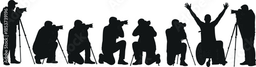 Silhouette illustration of professional photographers and videographers with cameras on tripods including a disabled man in a wheelchair celebrating success.
