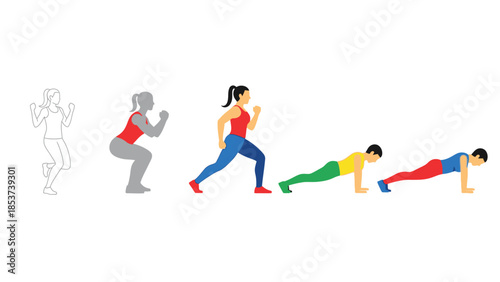 Set of fitness exercises for home workout squat, running, and plank variations for strength training and cardio