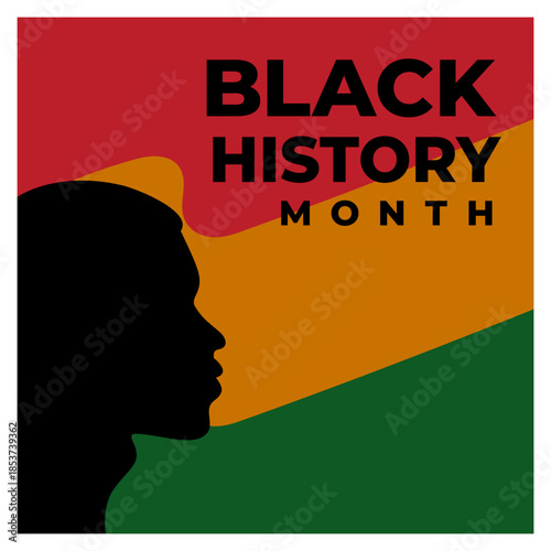 Bold square poster for Black History Month featuring African American profile with red, yellow and green colors. Ideal for campaigns, education, social justice or cultural celebration events.