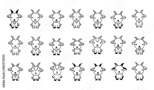 Cute goat character icons vector set with different poses isolated on transparent background