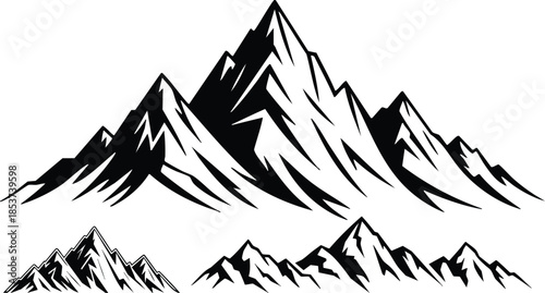 Mountain Range Peak Silhouettes, Alpine Summit Sketches, Jagged Mountain Clipart, Wilderness Ridge Profiles, silhouette, illustration, vector