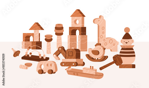 Wooden toys kit. Montessori playthings for baby. Wood building blocks, stacking and sorting games, rocking animals, cars for nursery play, child development, playroom. Flat vector illustration