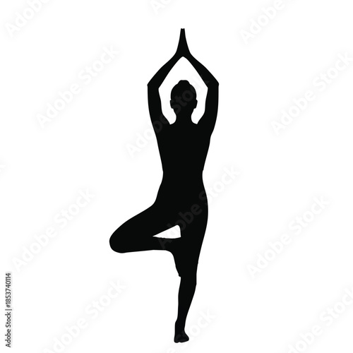 A serene silhouette of a woman in a tree pose yoga stance with arms raised in a peaceful, black cartoon illustration on a white background.