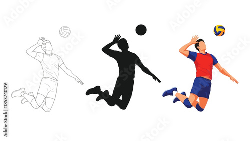 Volleyball player spiking the ball in midair sketch, silhouette and full color illustrations set