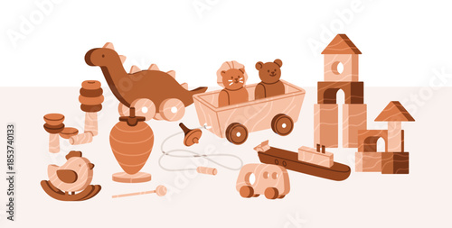 Wooden toys kit. Montessori play blocks, animals, shapes, stacking figures for baby, toddler and child development. Wood playthings for nursery, kindergarten game, playroom. Flat vector illustration
